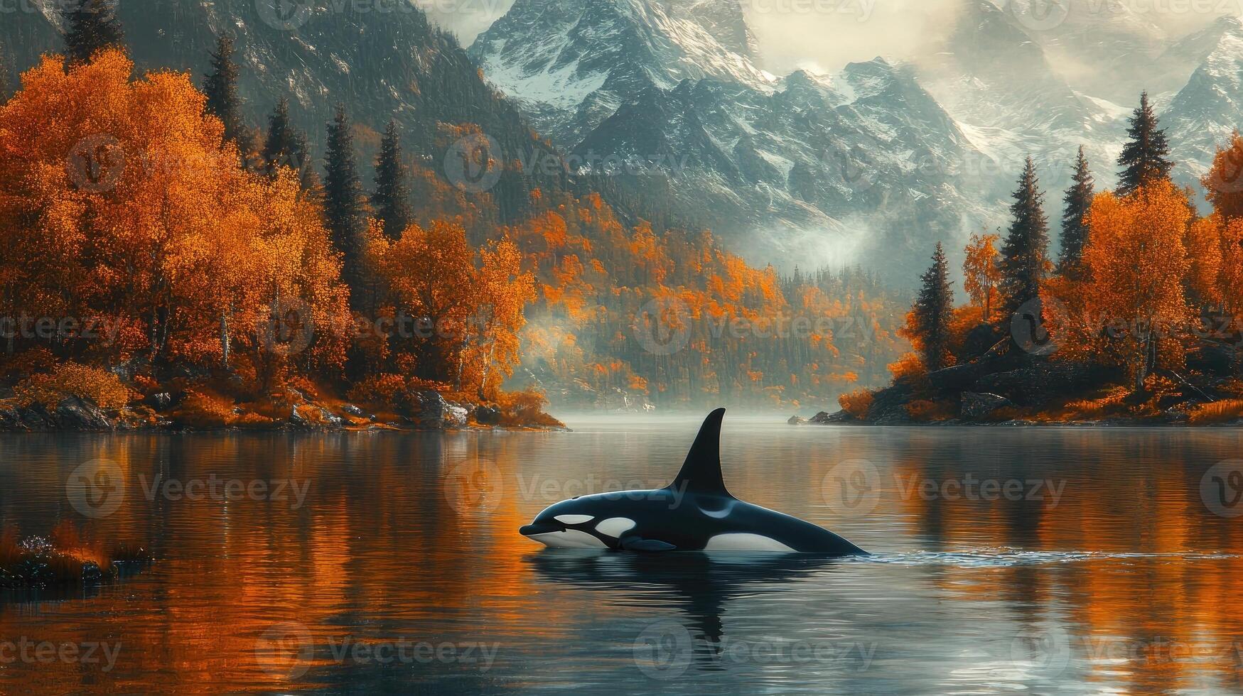 Orca whale swimming in lake with autumn forest and mountains photo
