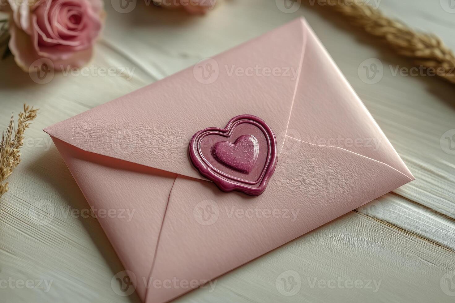 Pink envelope with heart representing love and affection surrounded by flowers photo