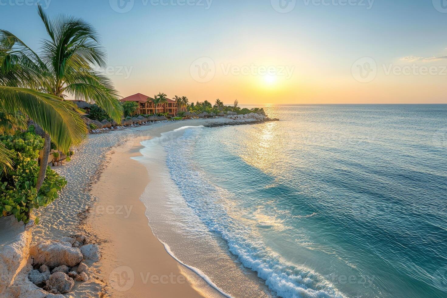 Tropical beach sunset illuminating luxury resort and palm trees photo