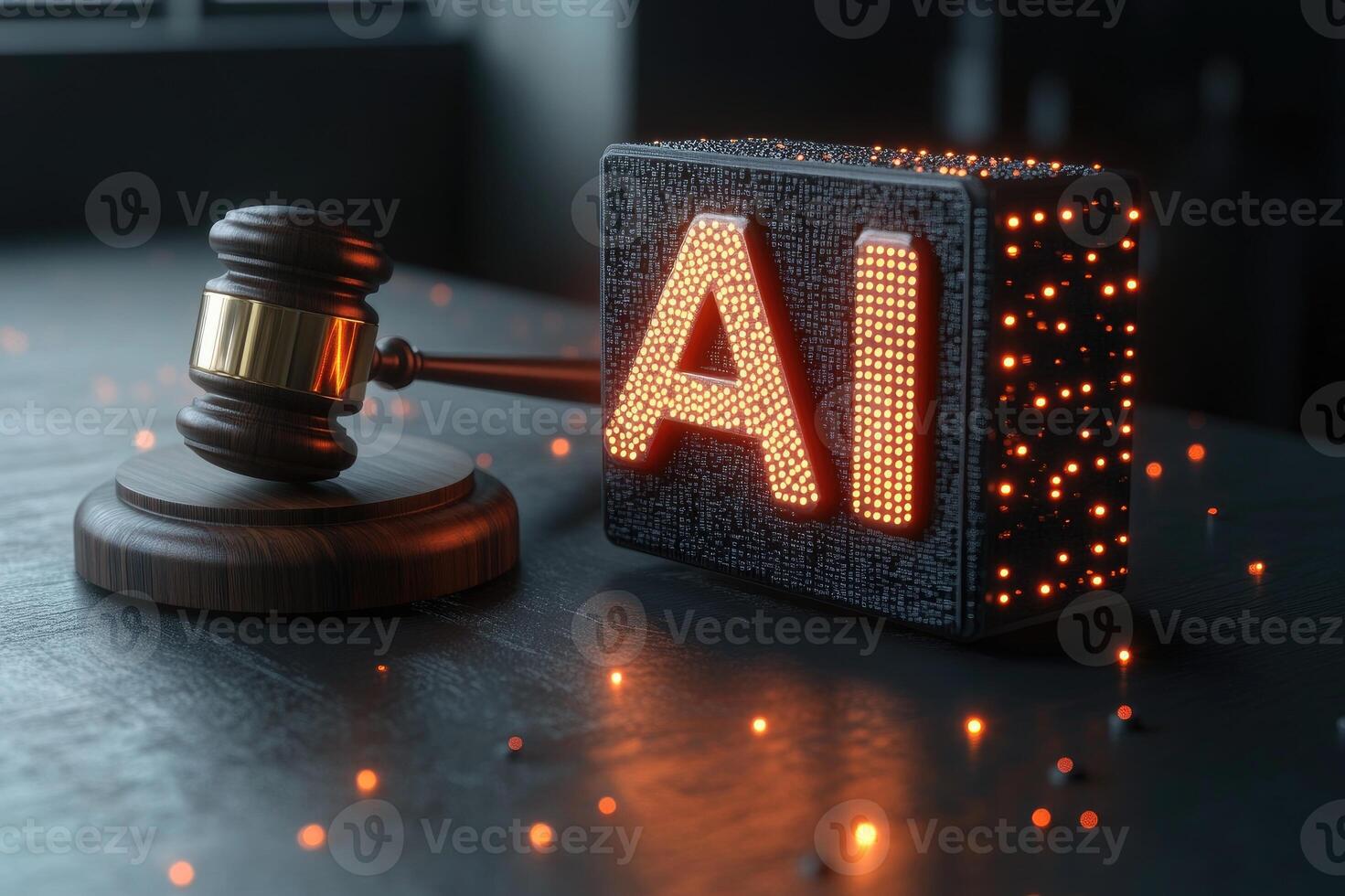 Judge gavel near illuminated ai sign representing artificial intelligence law and regulations photo