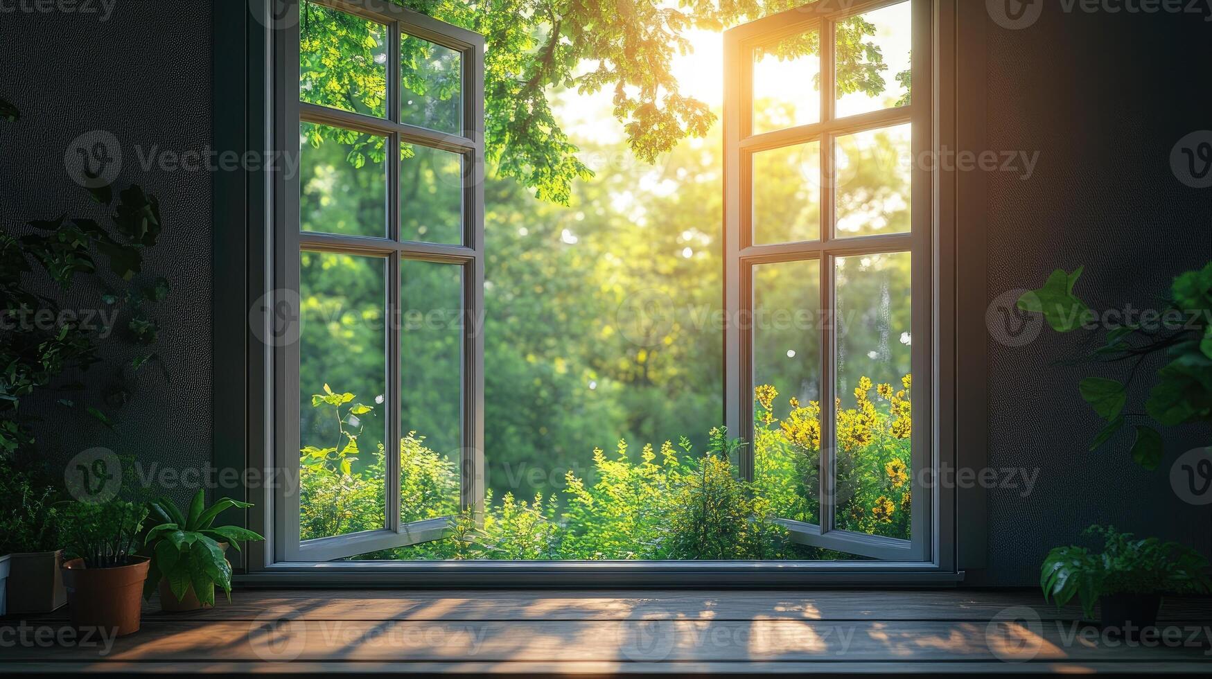 Open window overlooking lush green garden with sunlight streaming in photo