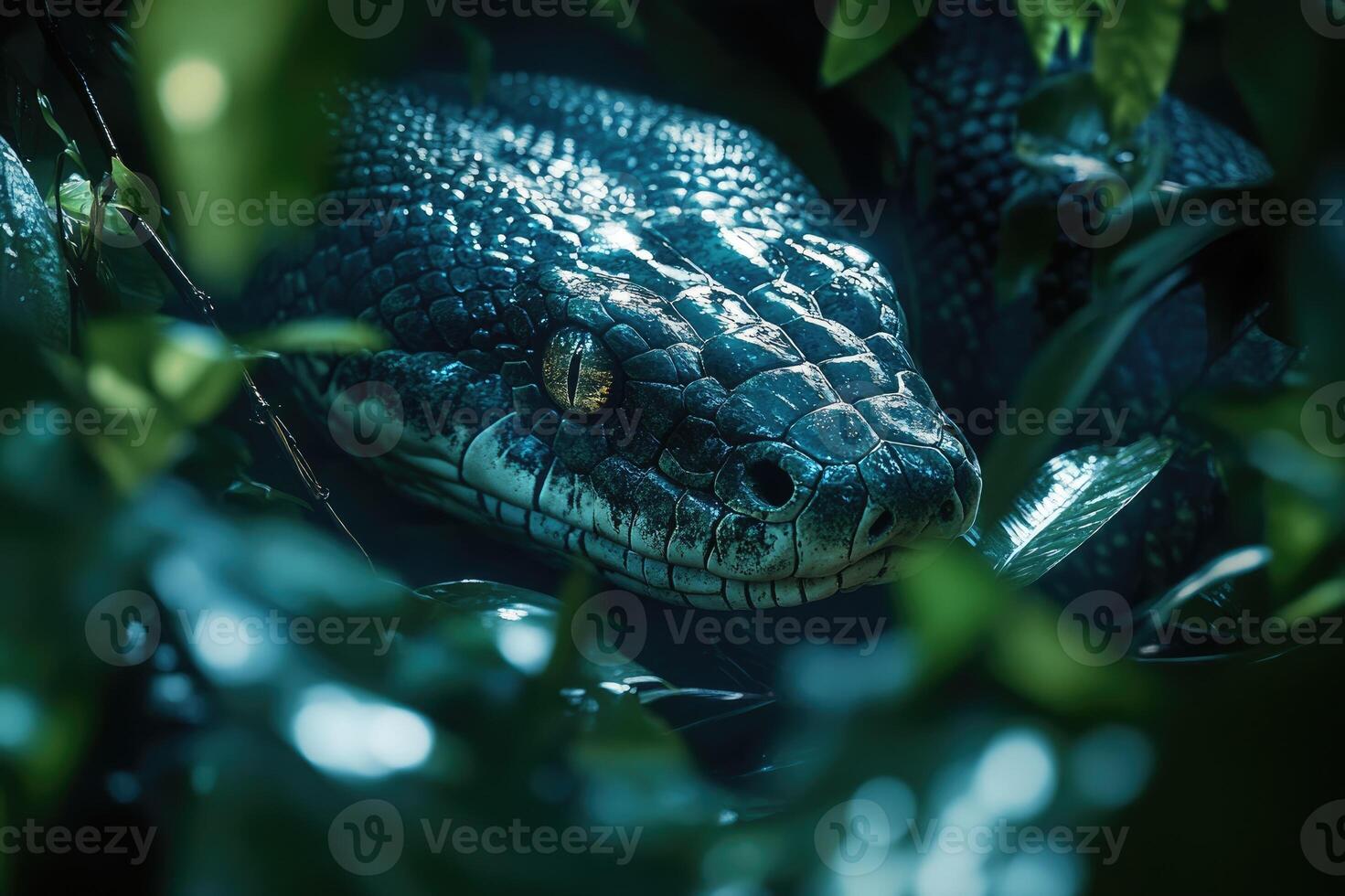 Venomous snake hiding in the lush green jungle foliage photo