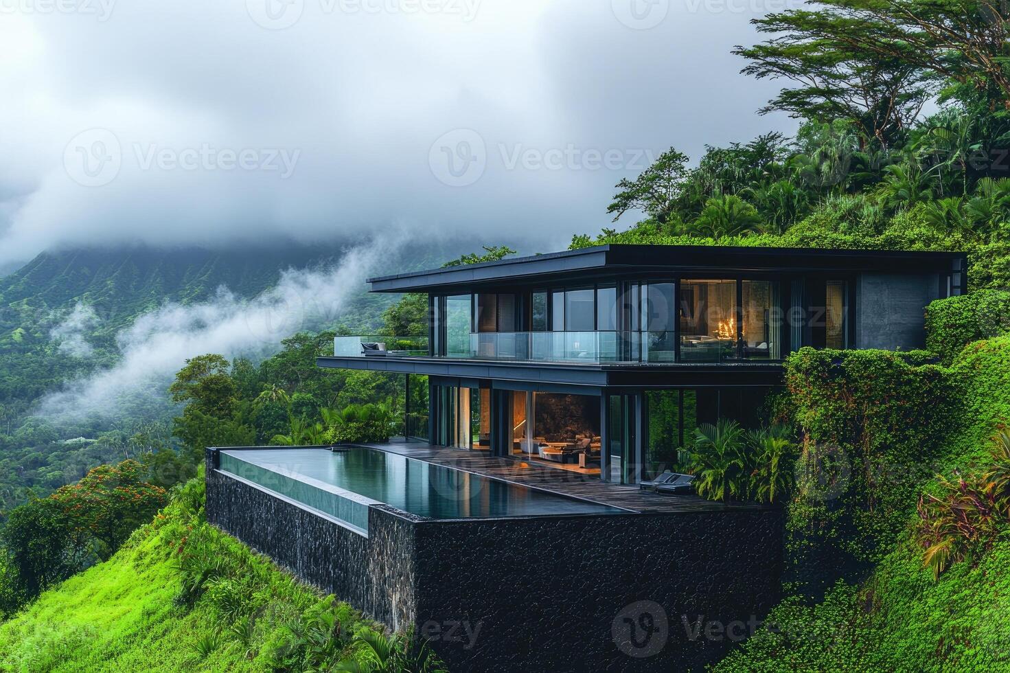Modern luxury home overlooking misty tropical rainforest at dusk photo