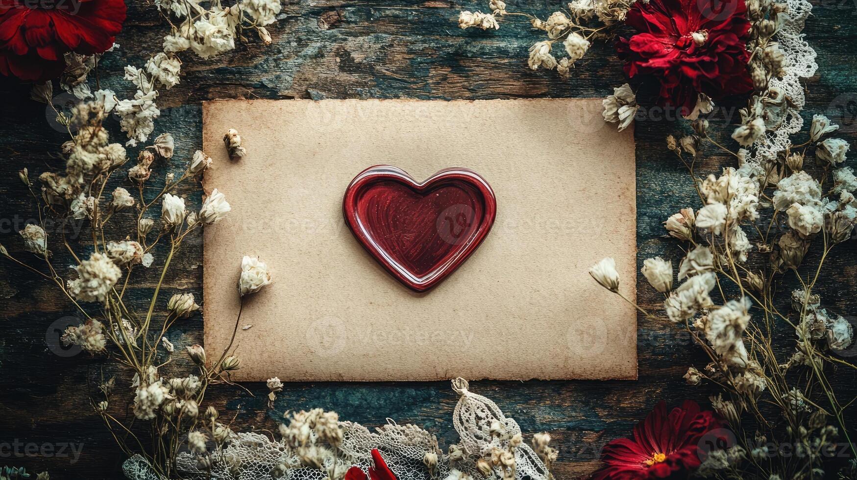 Heart-shaped wax seal on old paper with dried flowers on rustic wooden table photo