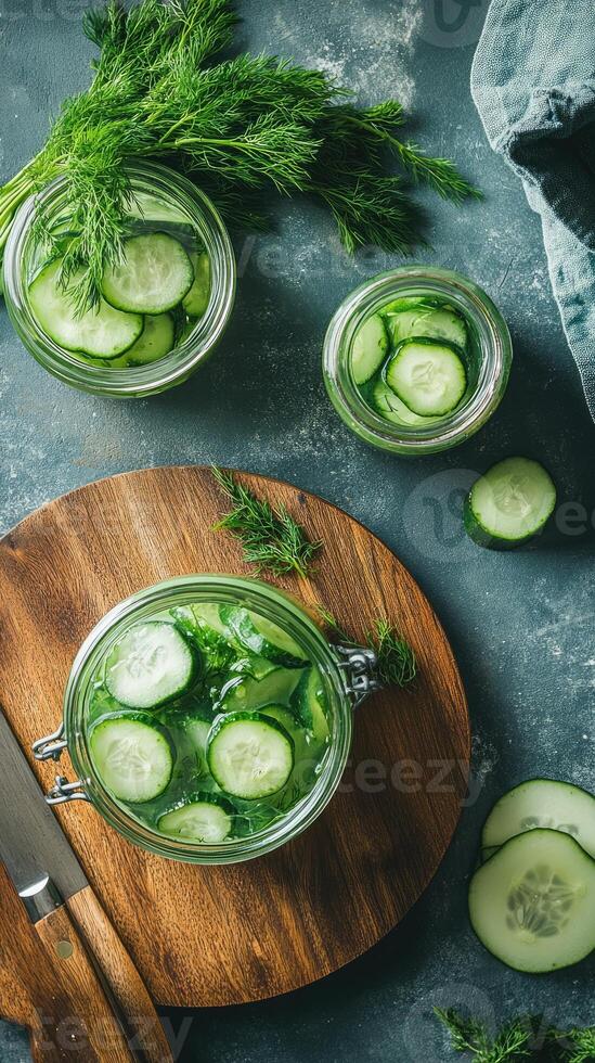 Sliced cucumbers marinating in dill and brine for pickling or infusion photo