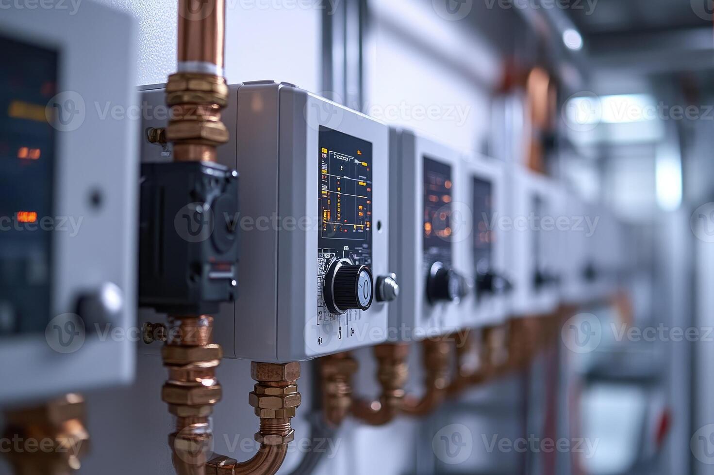 Control panel monitoring system with copper pipes and digital display showing real-time data photo
