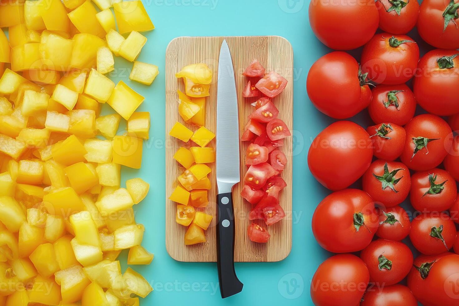 Chopped tomatoes and yellow peppers arranged on wooden cutting board and turquoise background photo