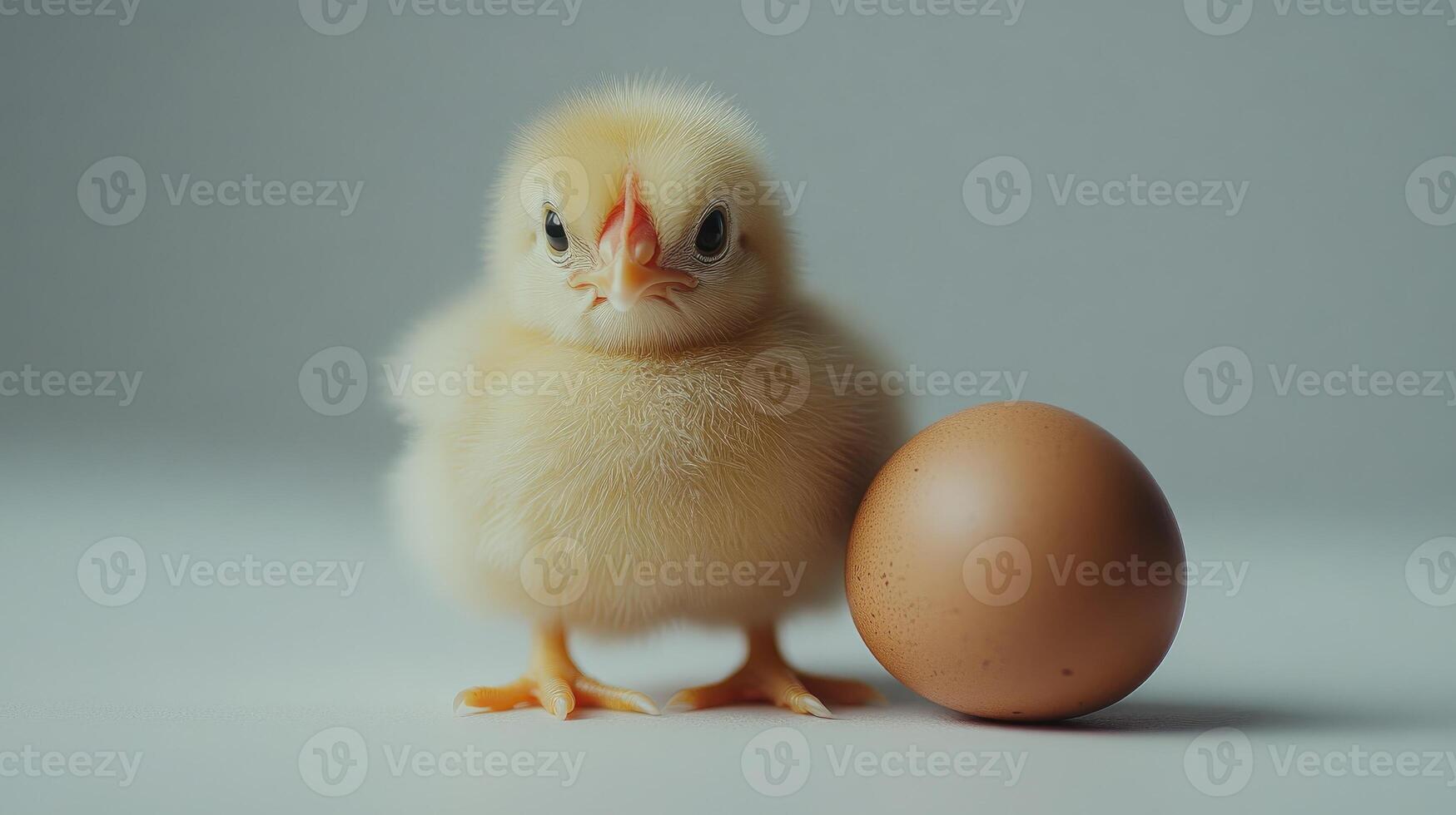 Newborn chicken standing near brown egg on white background photo