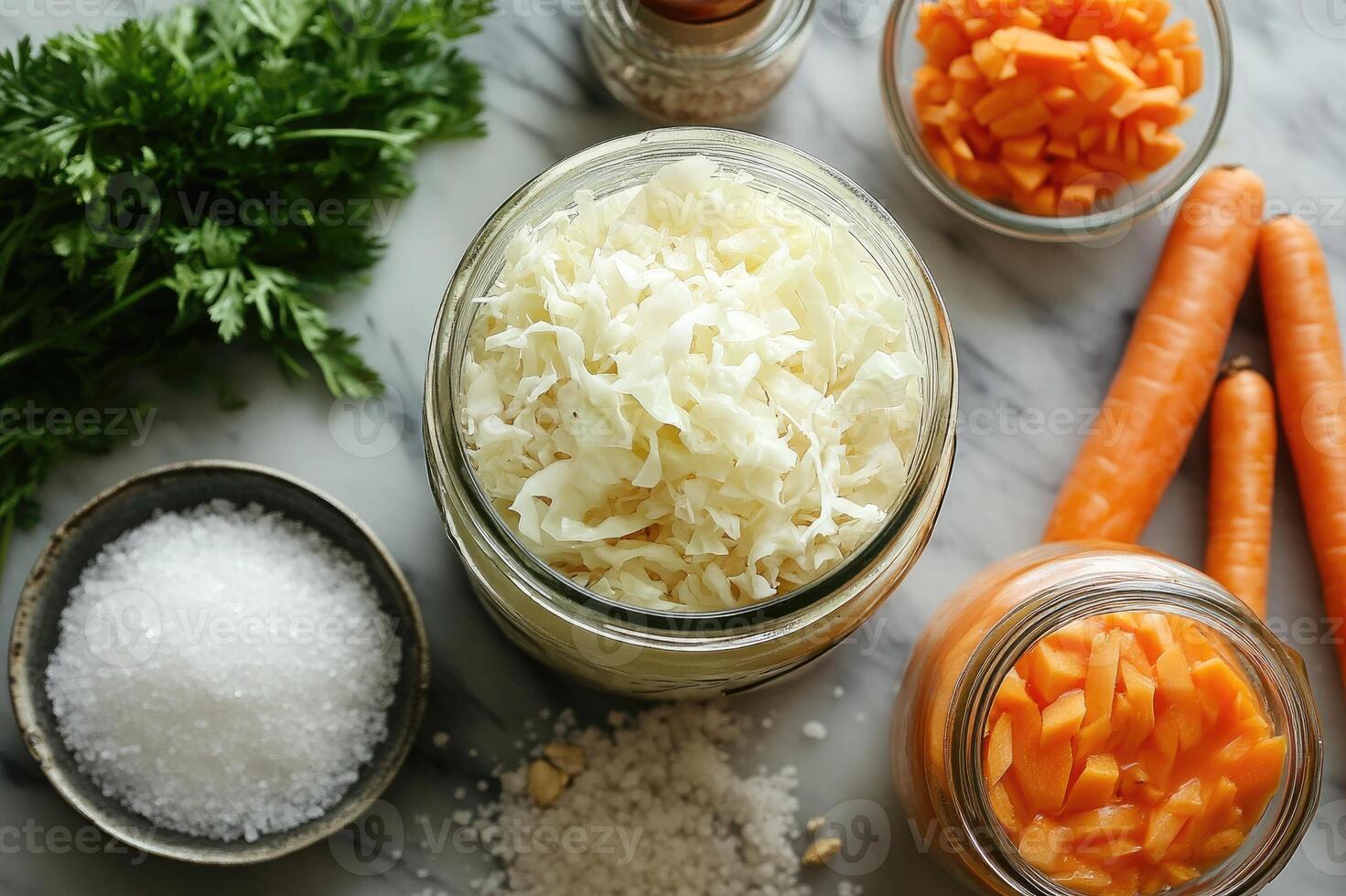 Making sauerkraut with fresh cabbage, carrot, salt and parsley photo