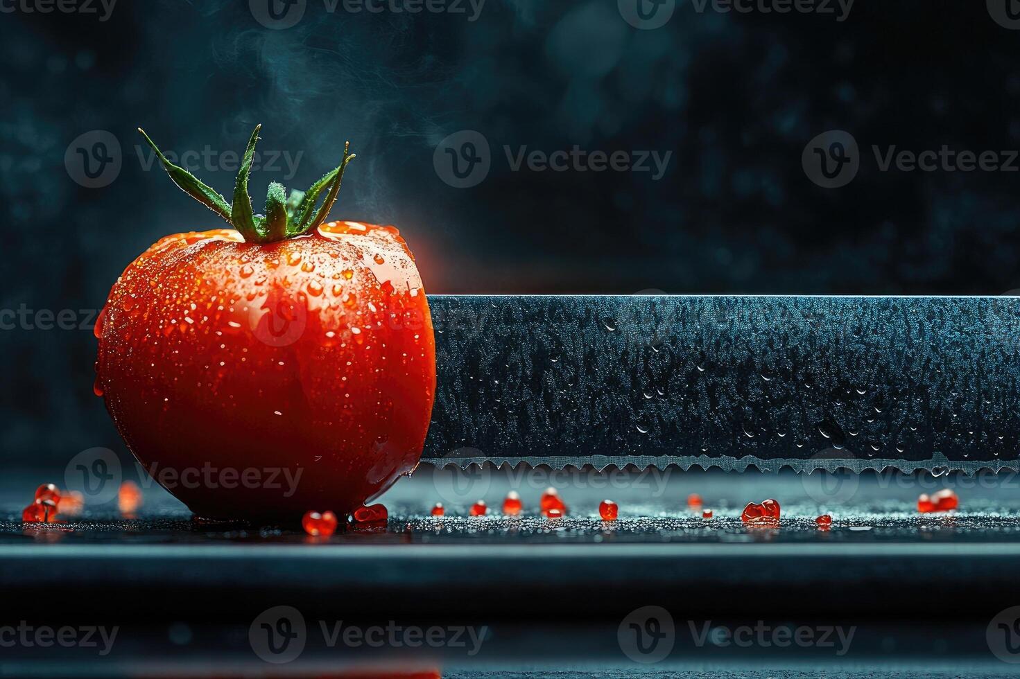 Knife cutting steaming fresh tomato with red drops on dark background photo