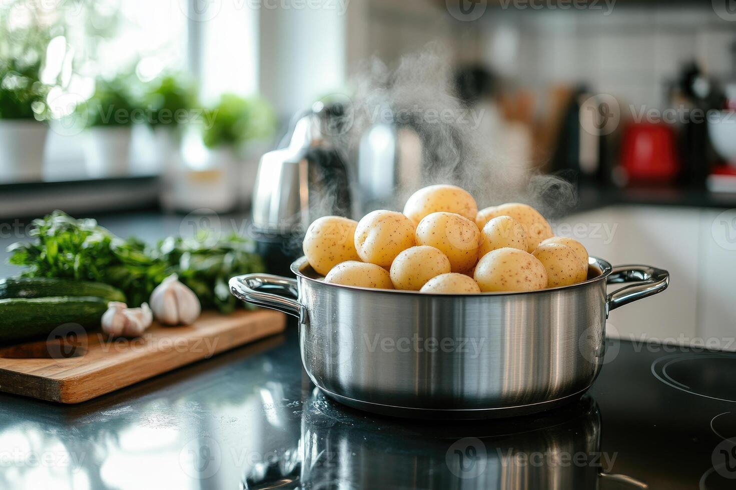 Steaming pot of potatoes cooking on modern kitchen stovetop photo