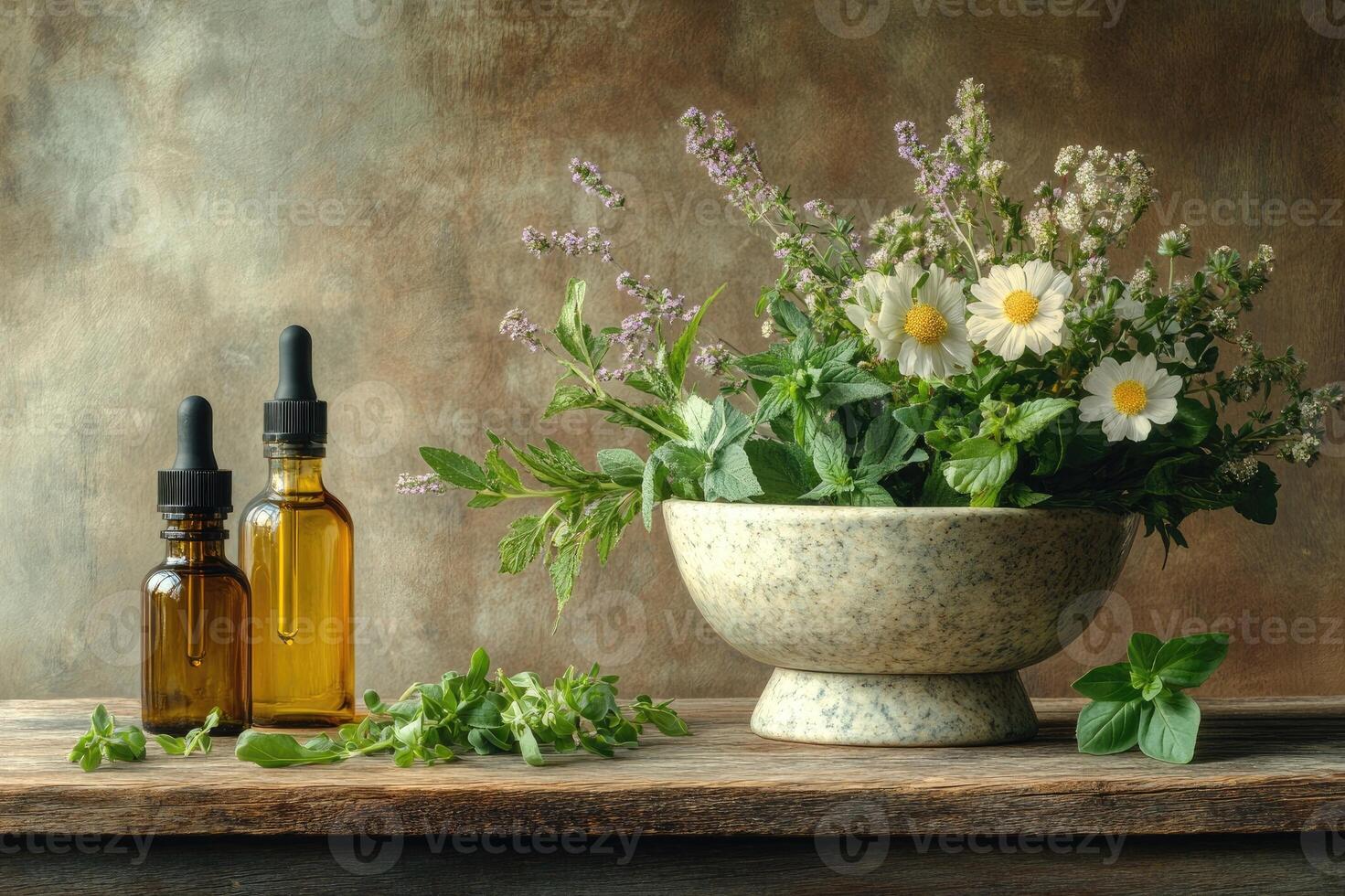 Fresh herbs with essential oil bottles resting on rustic wooden table photo