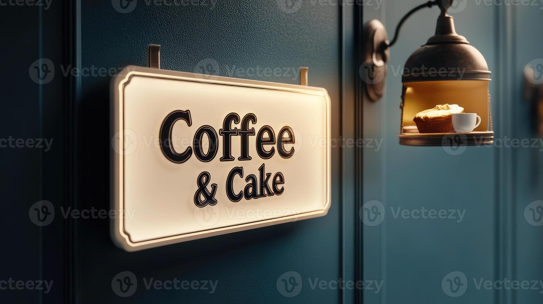 Illuminated coffee and cake sign hanging on a textured teal wall photo