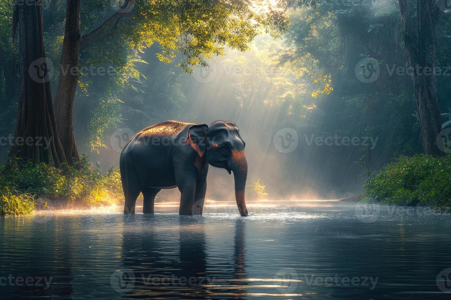Majestic elephant cooling down in a river at sunset in the jungle photo