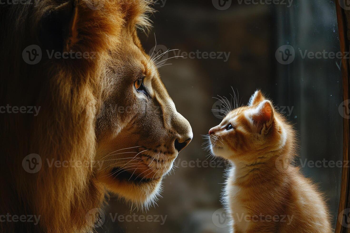 Majestic lion meeting a small kitten a study in contrasts photo