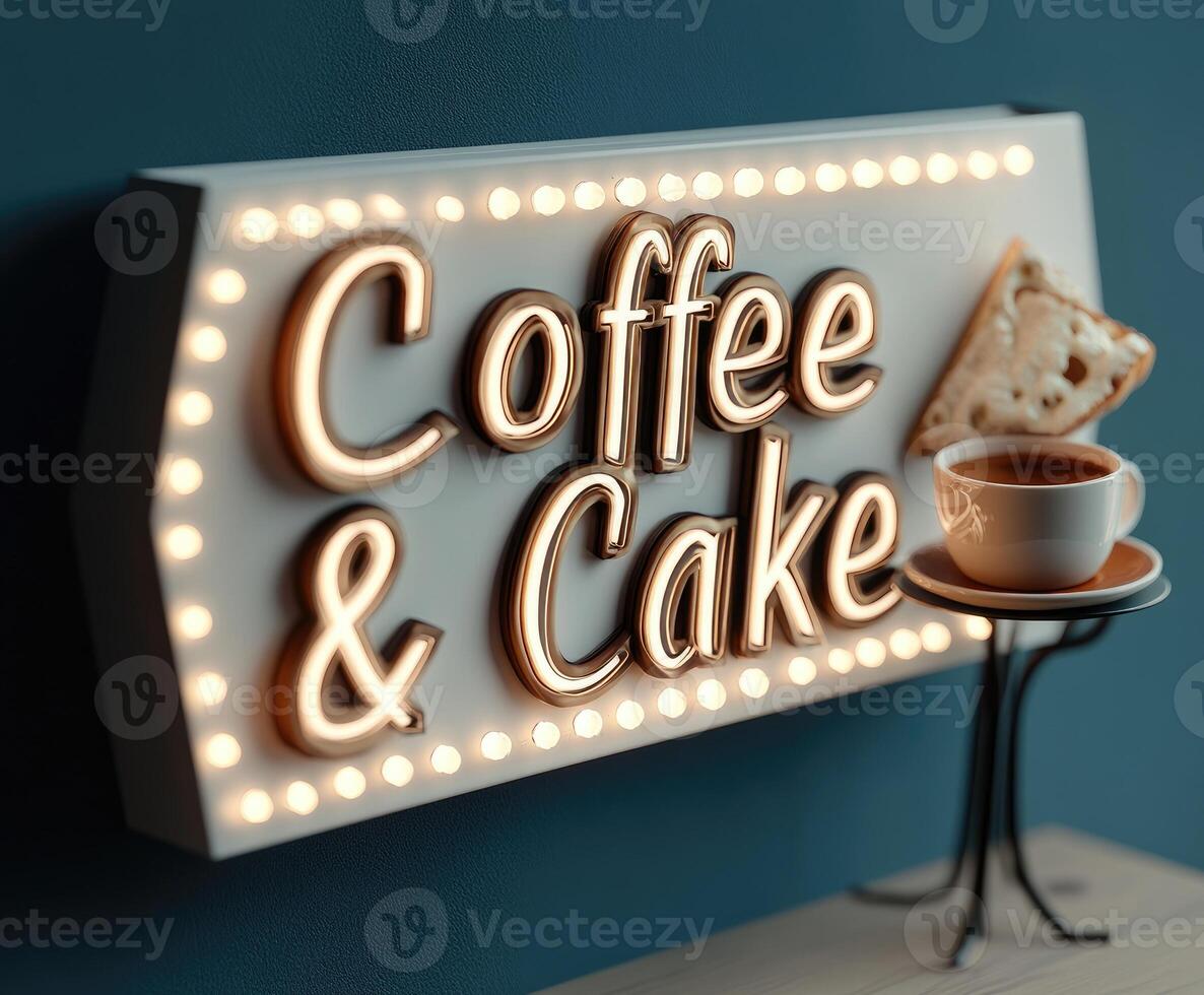 Illuminated coffee and cake sign hanging on a blue wall photo