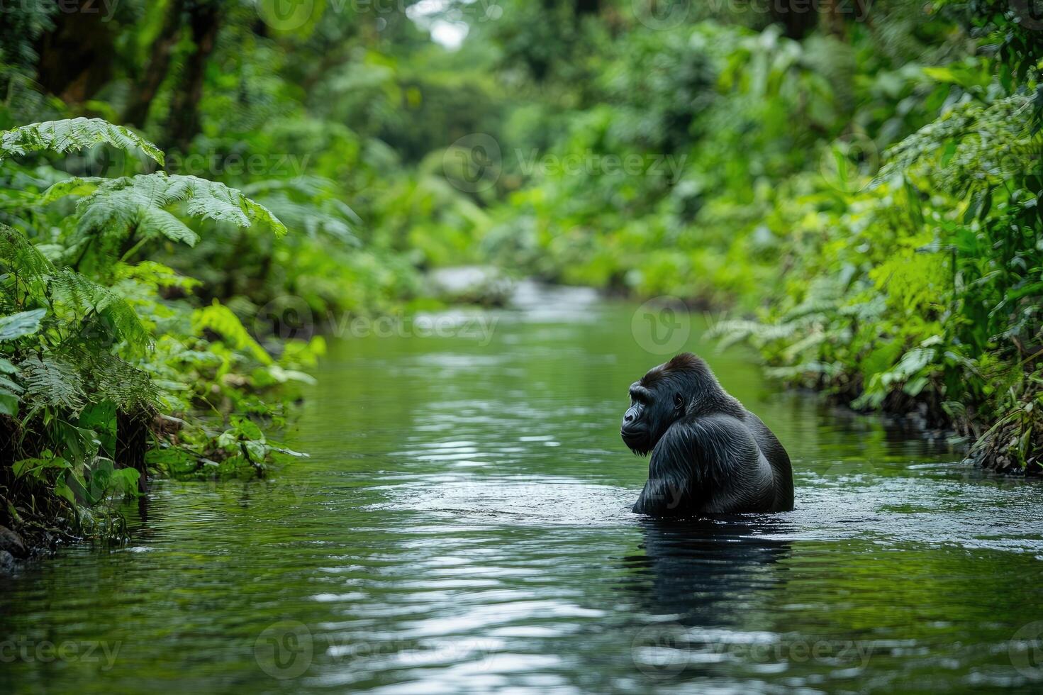 Large male gorilla resting in a river in its natural habitat photo
