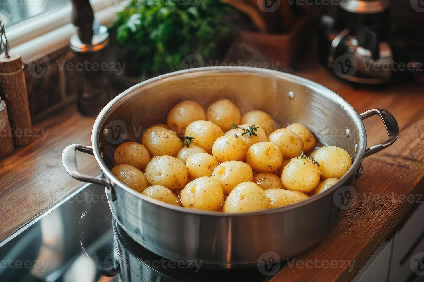 Steaming hot baby potatoes with thyme in a stainless steel pot on a kitchen countertop photo