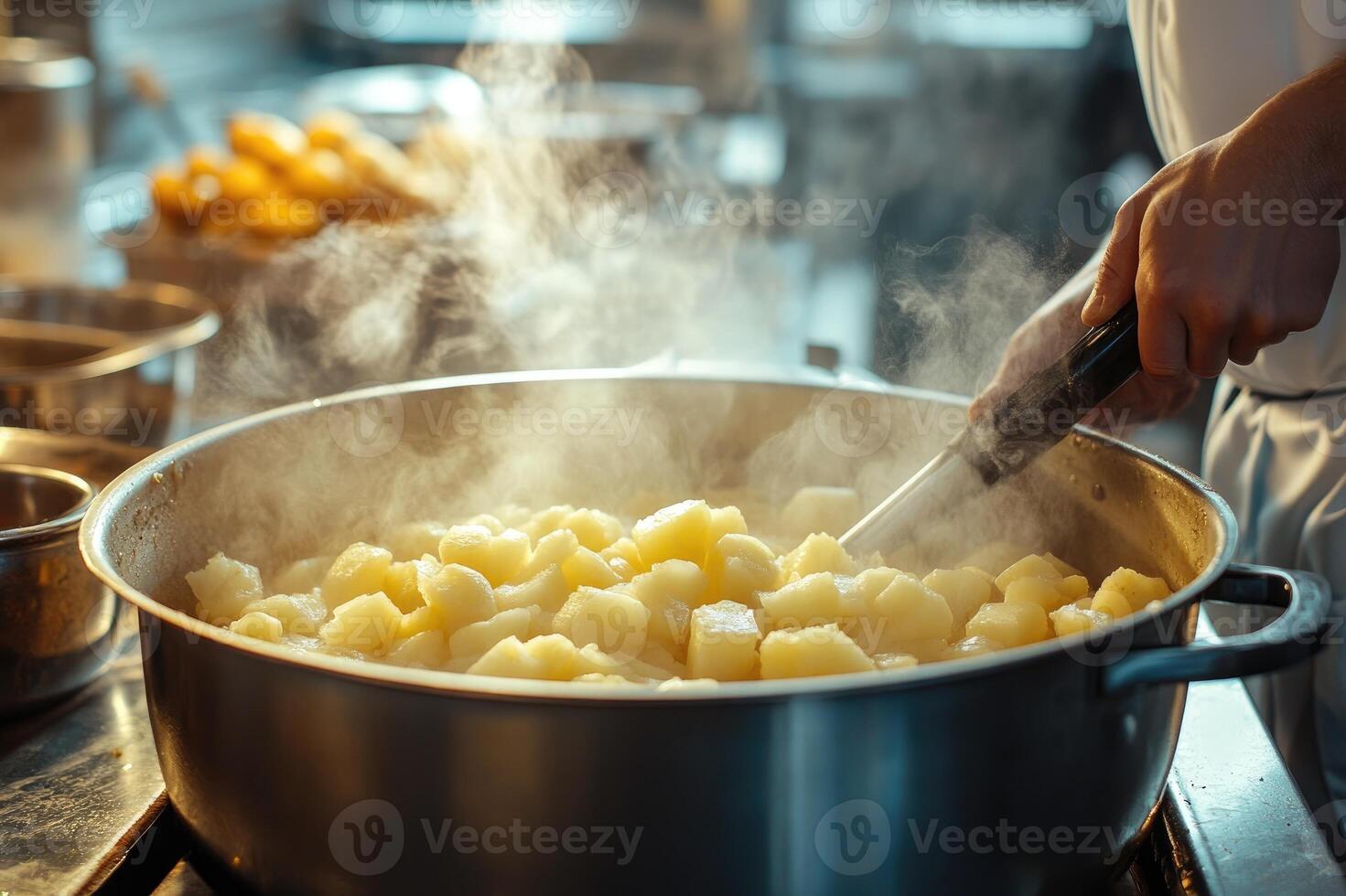 Chef cooking potatoes in large pot in restaurant kitchen photo