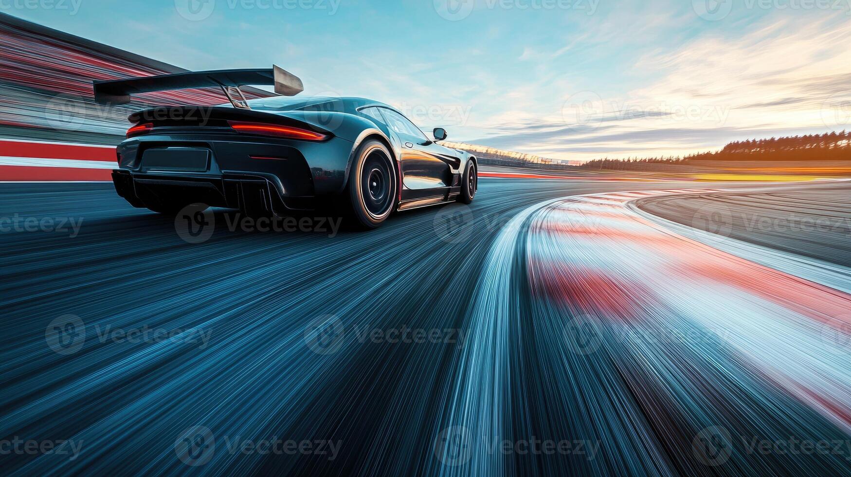 Modern sports car speeding on a racetrack at sunset photo