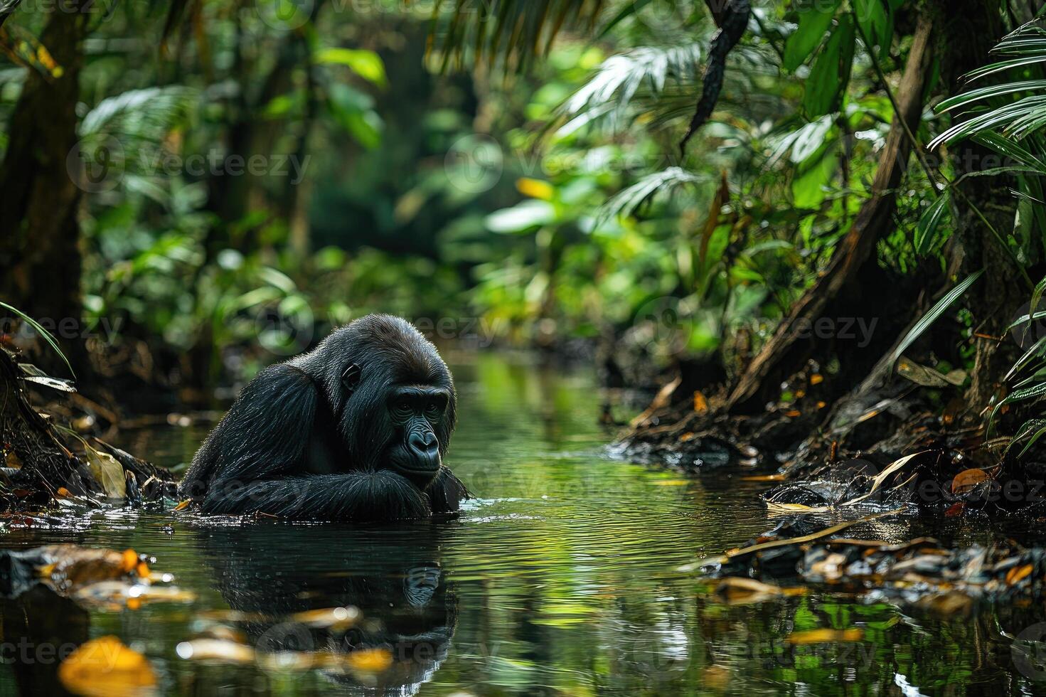 Mountain gorilla relaxing in a lush forest river photo