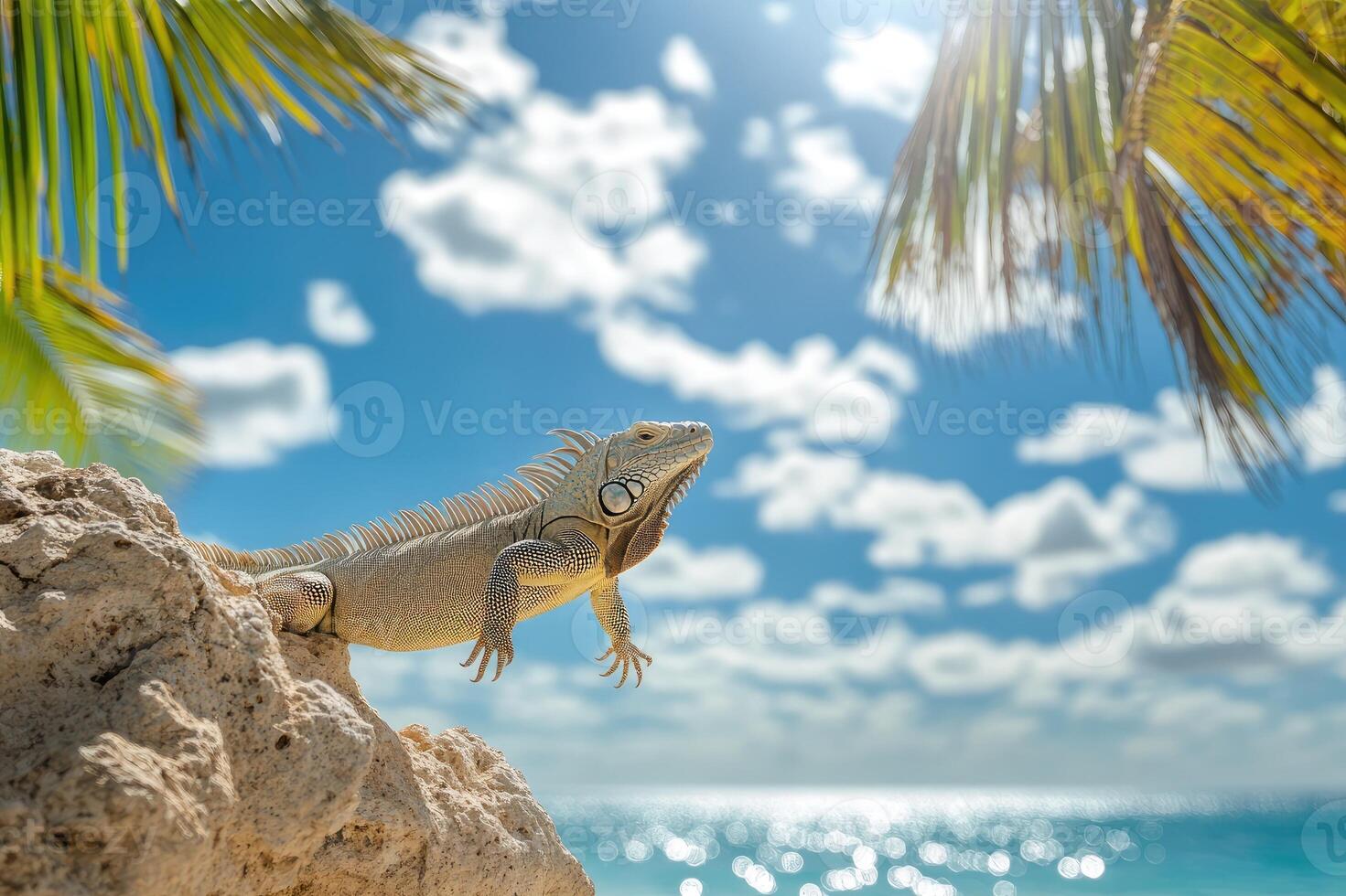 Large iguana resting on rock in tropical paradise photo