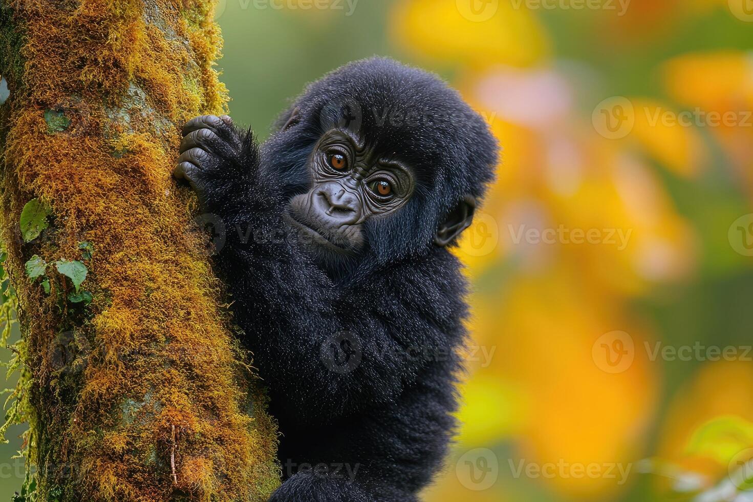 Baby mountain gorilla clinging to a mossy tree in colorful rainforest photo