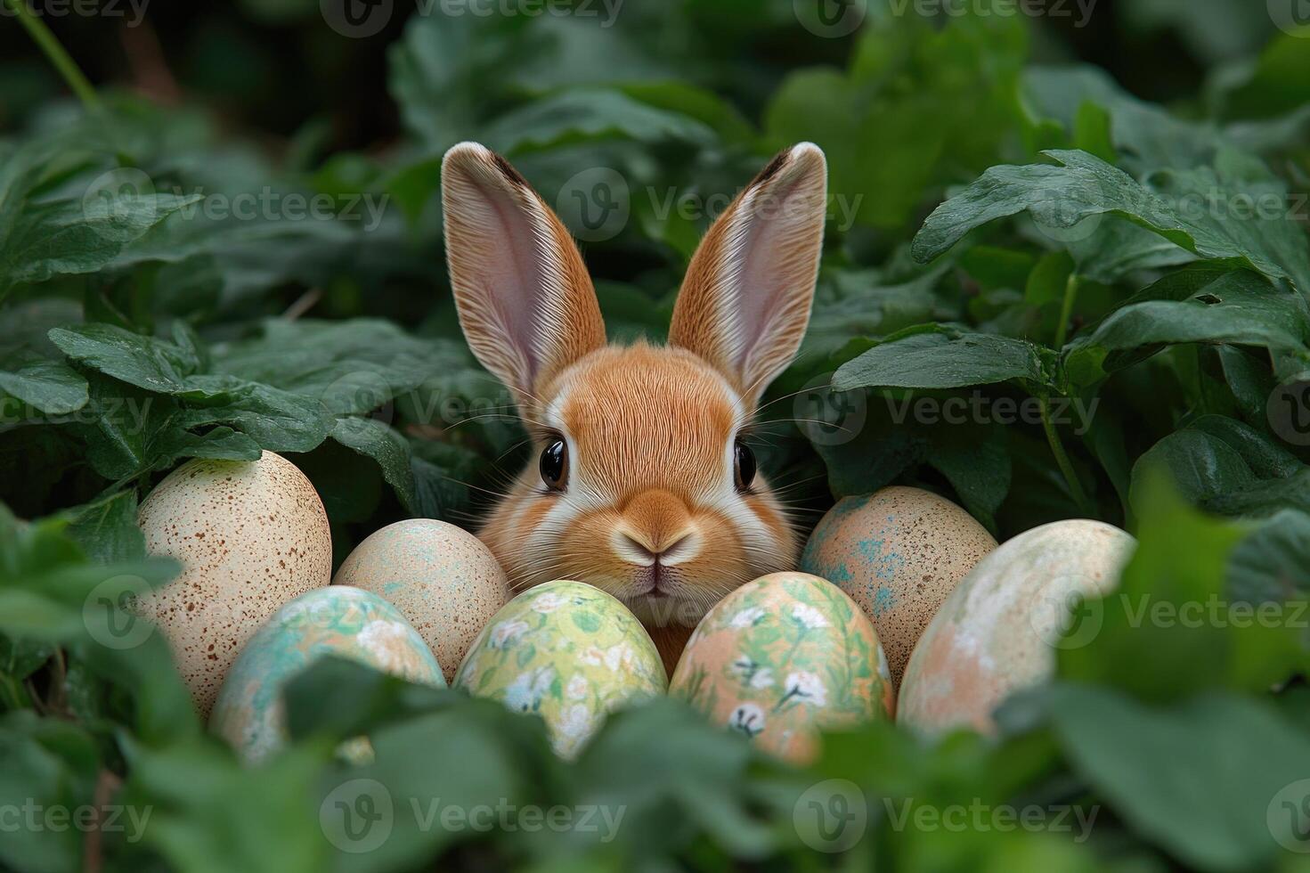 Easter bunny hiding behind colorful easter eggs in green grass photo