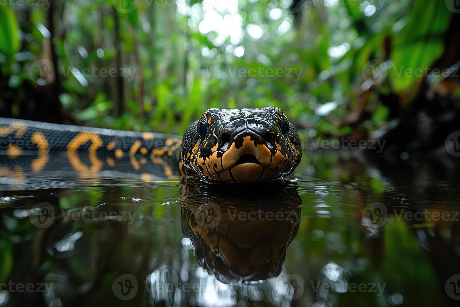 Anaconda snake emerging from the water in the amazon rainforest photo