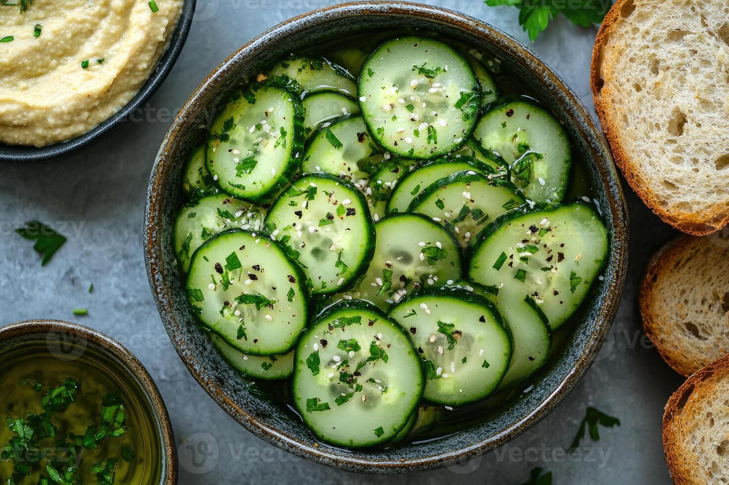 Sliced cucumber salad with parsley and black pepper seasoning in bowl photo
