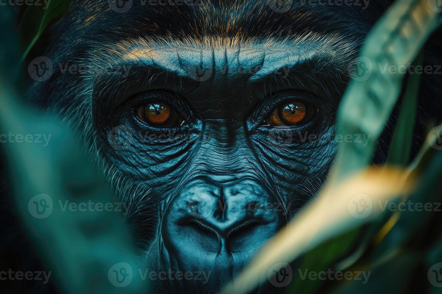 Western gorilla hiding in the jungle is observing with intense gaze photo