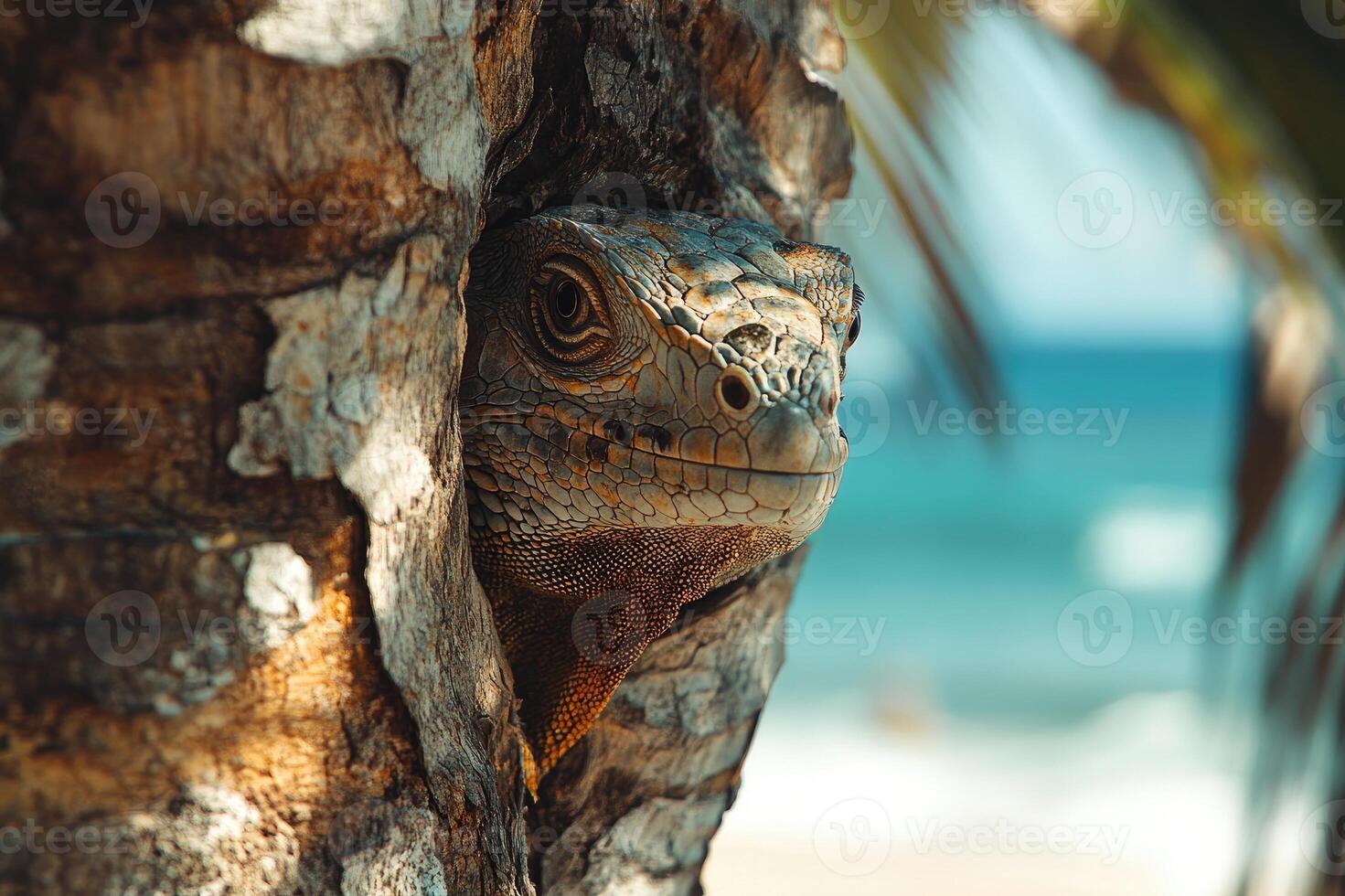 Iguana peeking out of palm tree hole on tropical beach photo