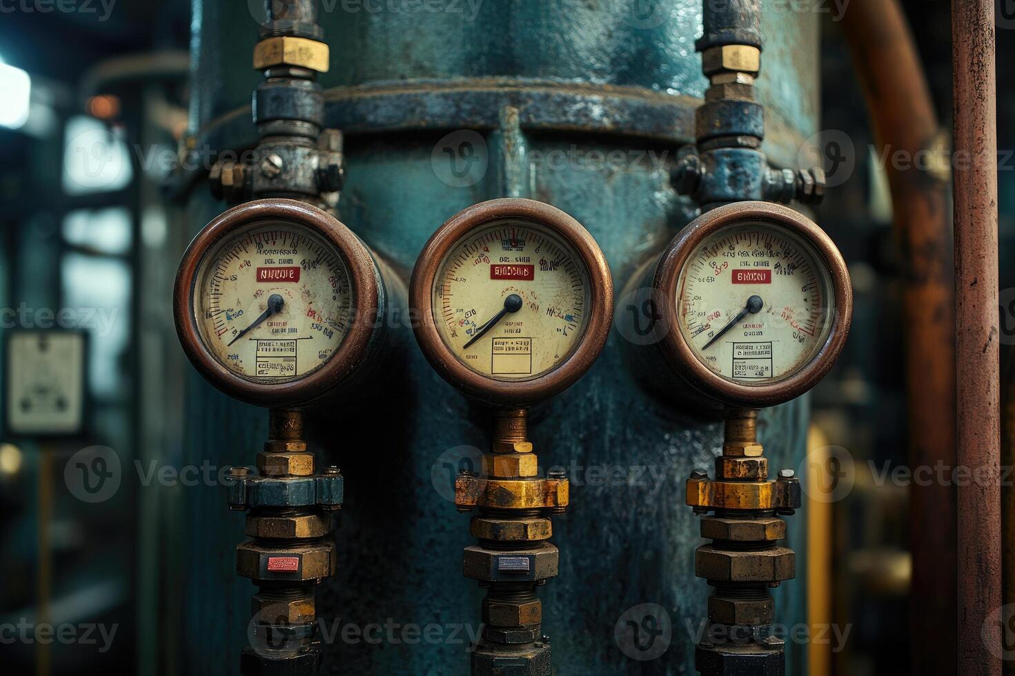 Close-up of pressure gauges measuring industrial processes in factory setting photo