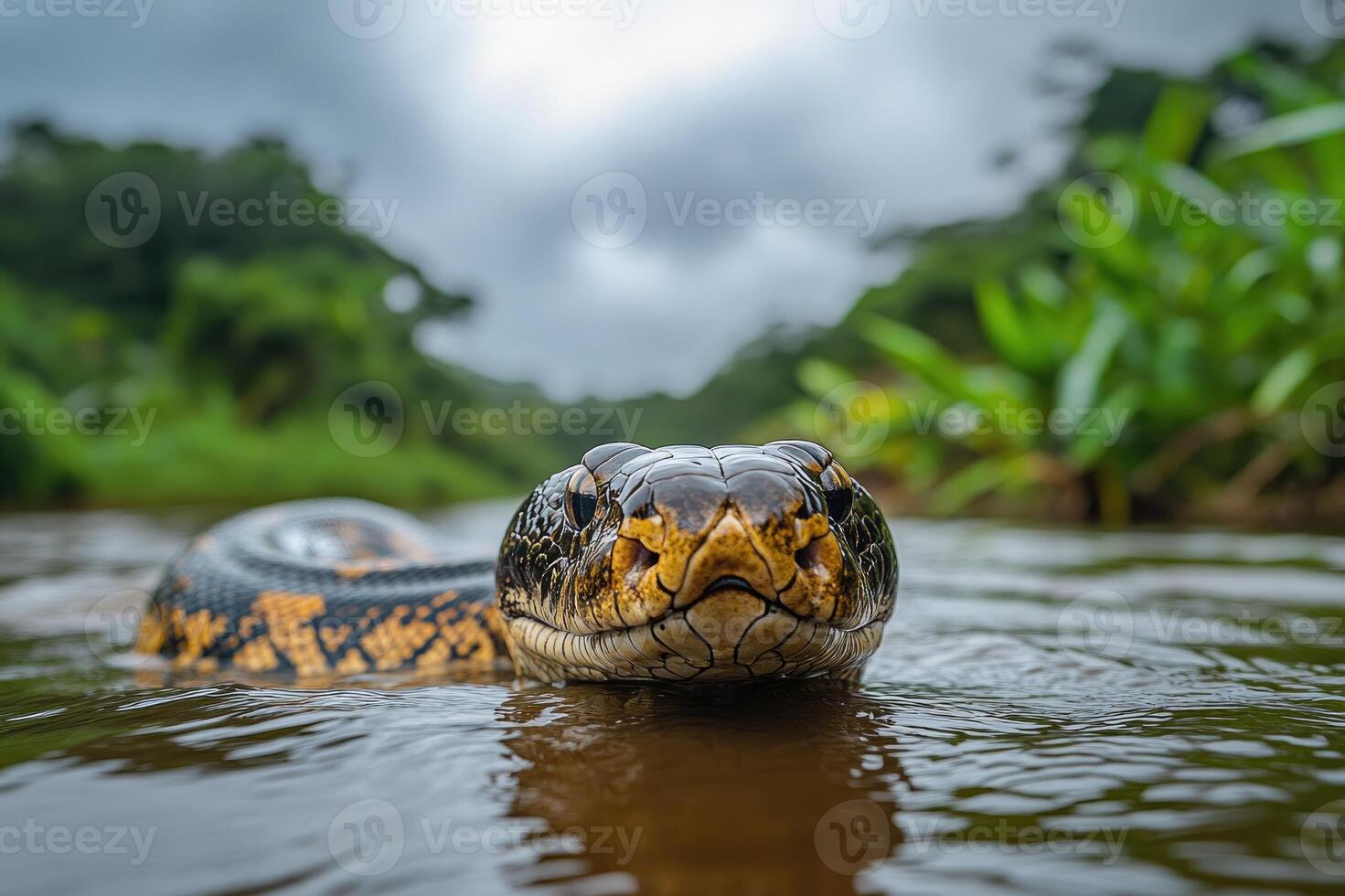 Anaconda snake swimming in the amazon river with rainforest background photo