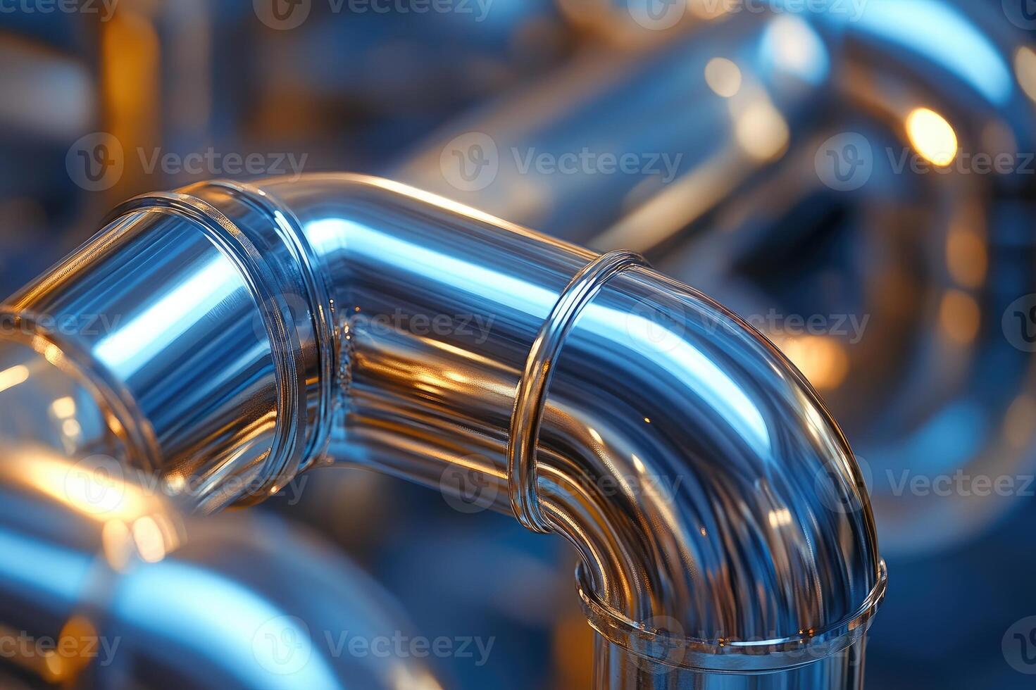 Shiny metal pipes bending and connecting in industrial setting photo