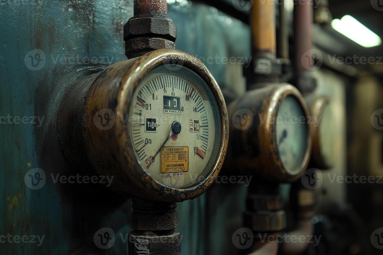 Old vintage rusty pressure gauges measuring gas pressure inside pipeline photo
