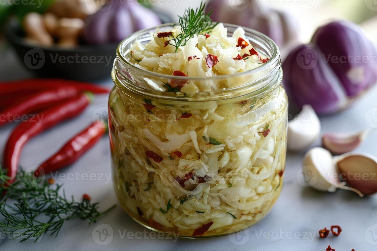 Pickled cabbage salad with dill and chili pepper flakes in preserving jar photo