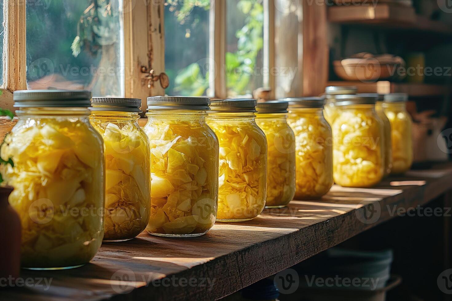 Preserving the harvest, jars of fermented cabbage resting on a rustic shelf photo