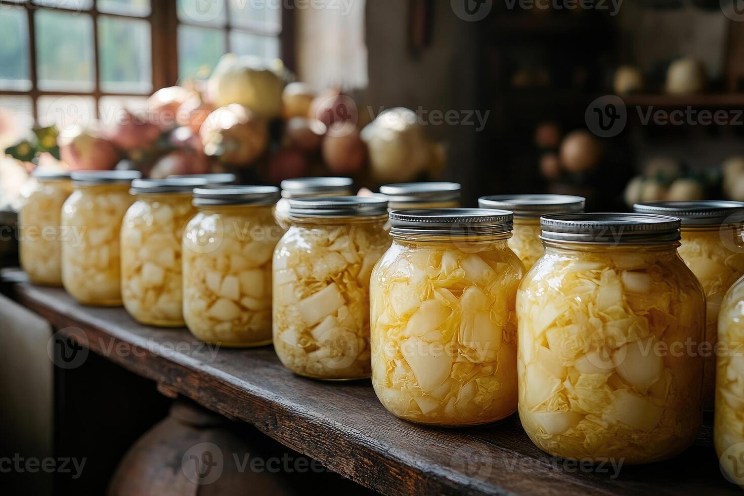 Preserving fresh vegetables, glass jars filled with napa cabbage on wooden shelf photo