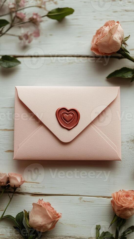 Pink envelope with heart representing love and affection surrounded by flowers photo