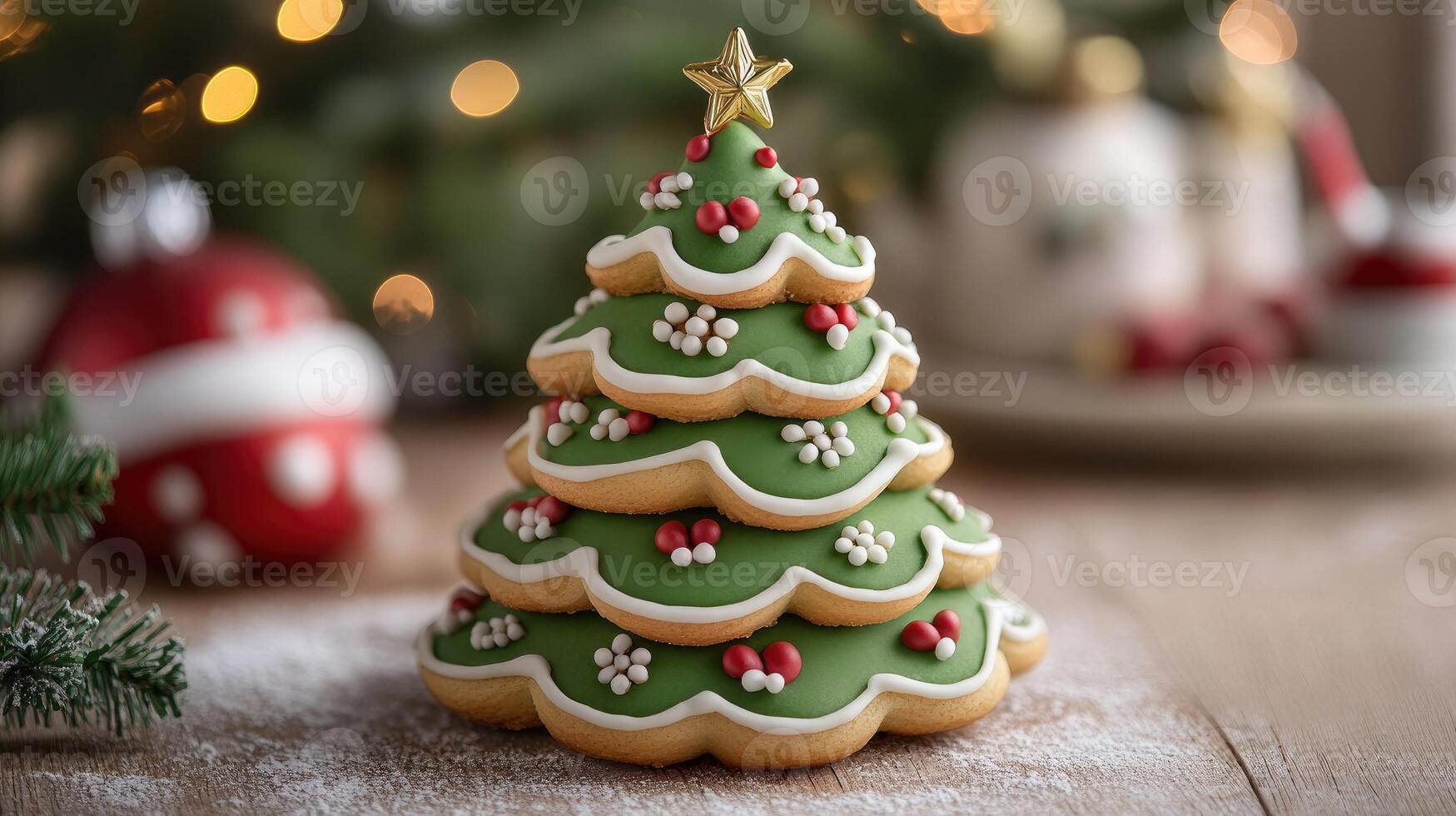 Christmas tree shaped cookies decorated with icing and star topper photo