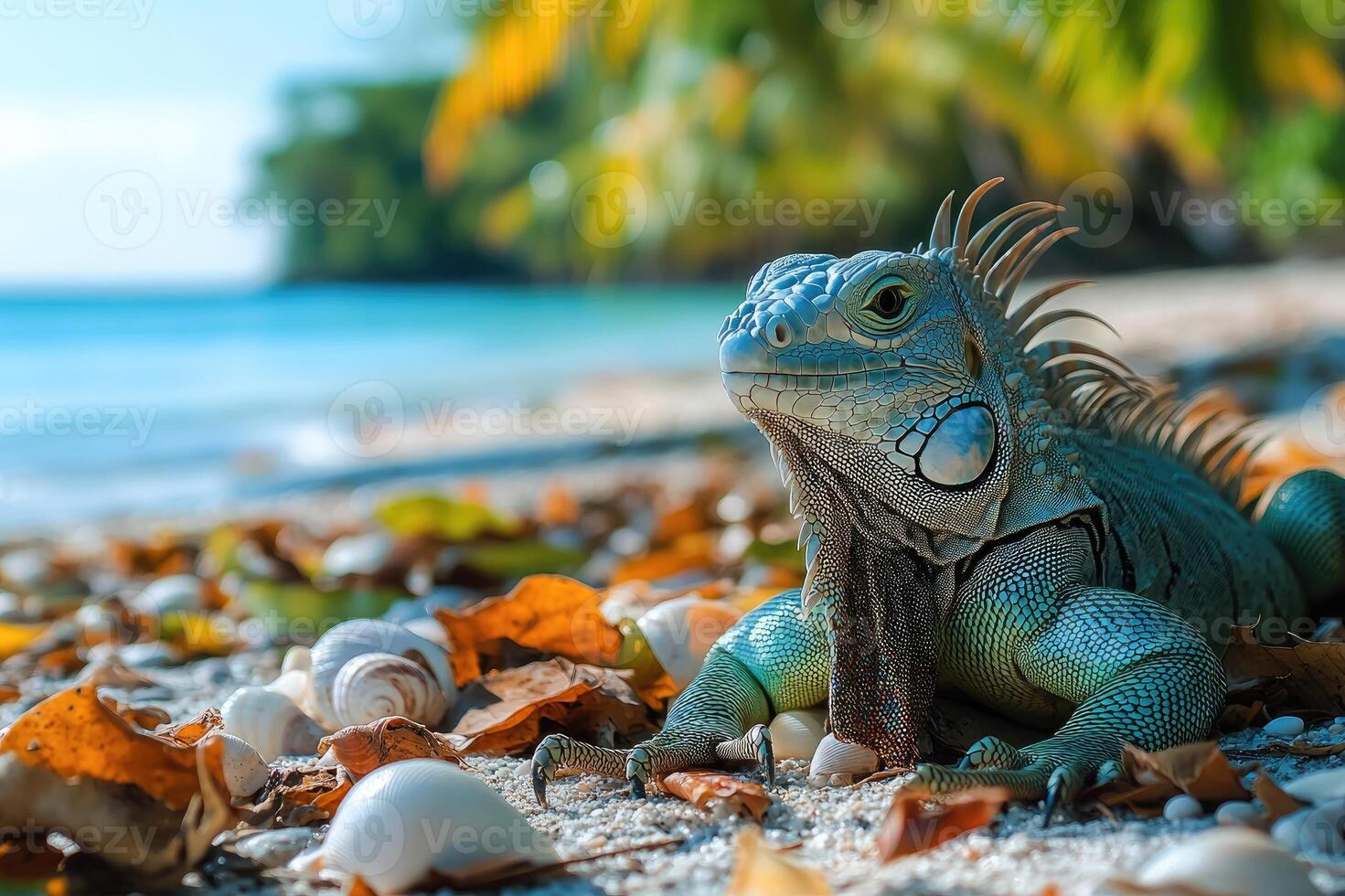 Blue iguana resting on tropical beach with seashells and leaves photo