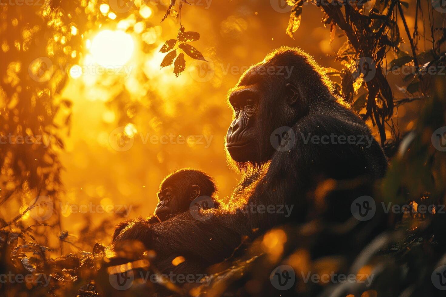 Gorilla family enjoying golden sunset in lush jungle habitat photo