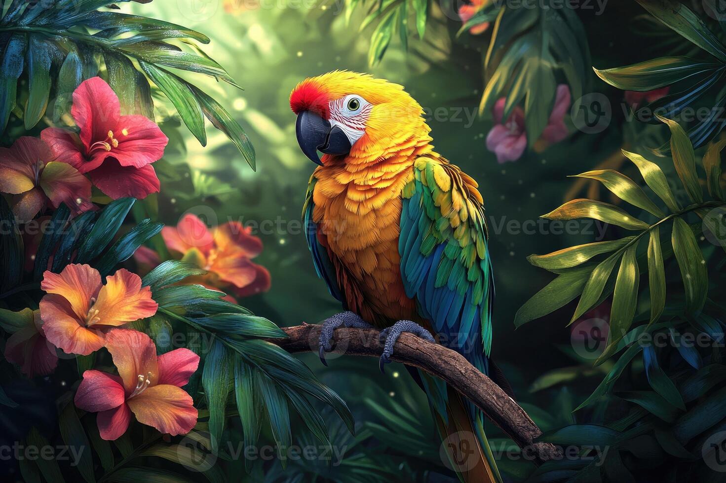 Colorful macaw parrot perching on branch in lush tropical rainforest photo