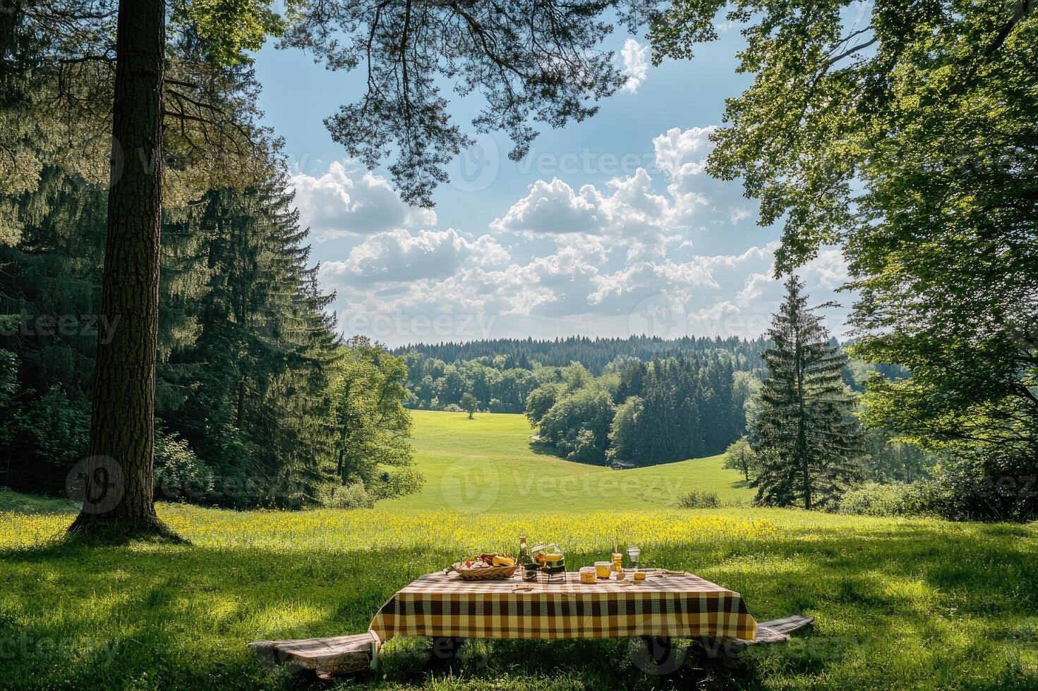 Picnic table under trees overlooking green valley in sunny summer day photo