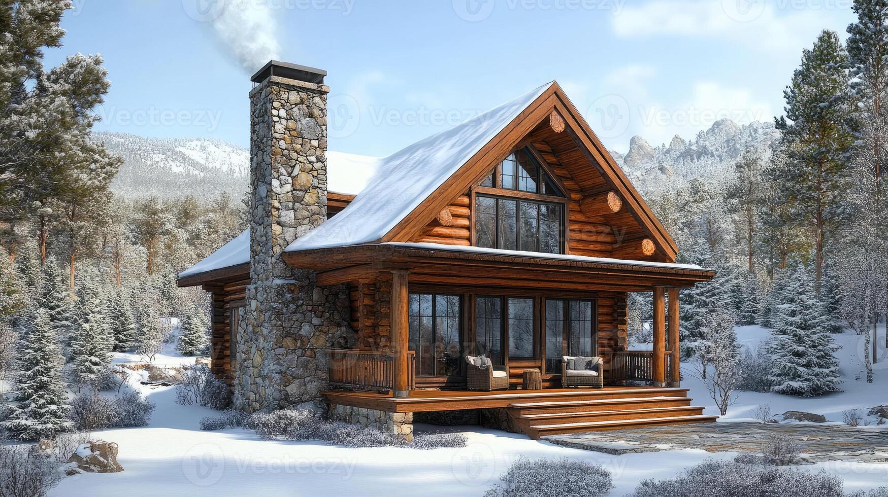 Cozy log cabin nestled in snowy mountain scenery during winter evening photo