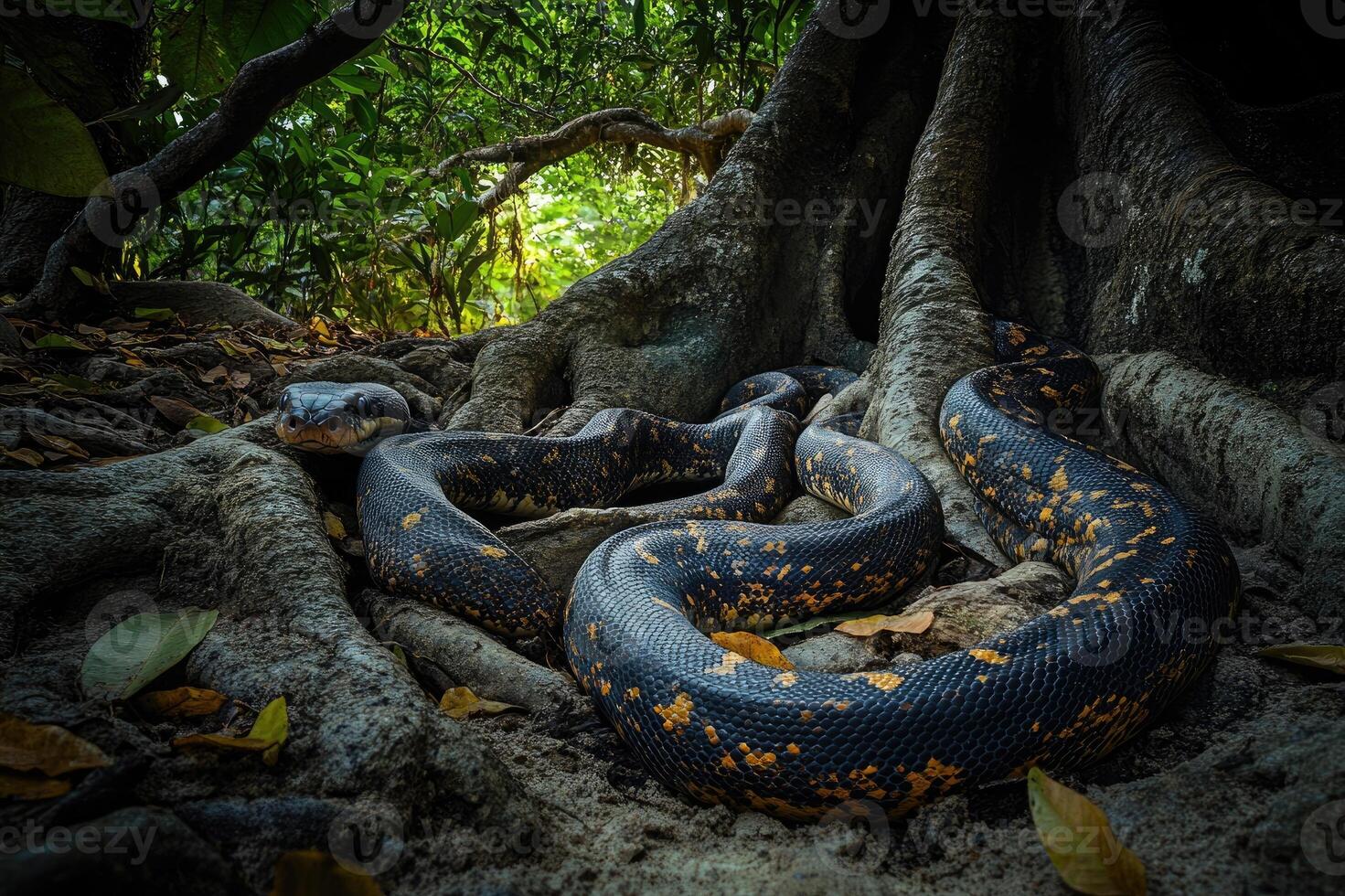 Cuban boa resting at the base of a tree in a tropical forest photo