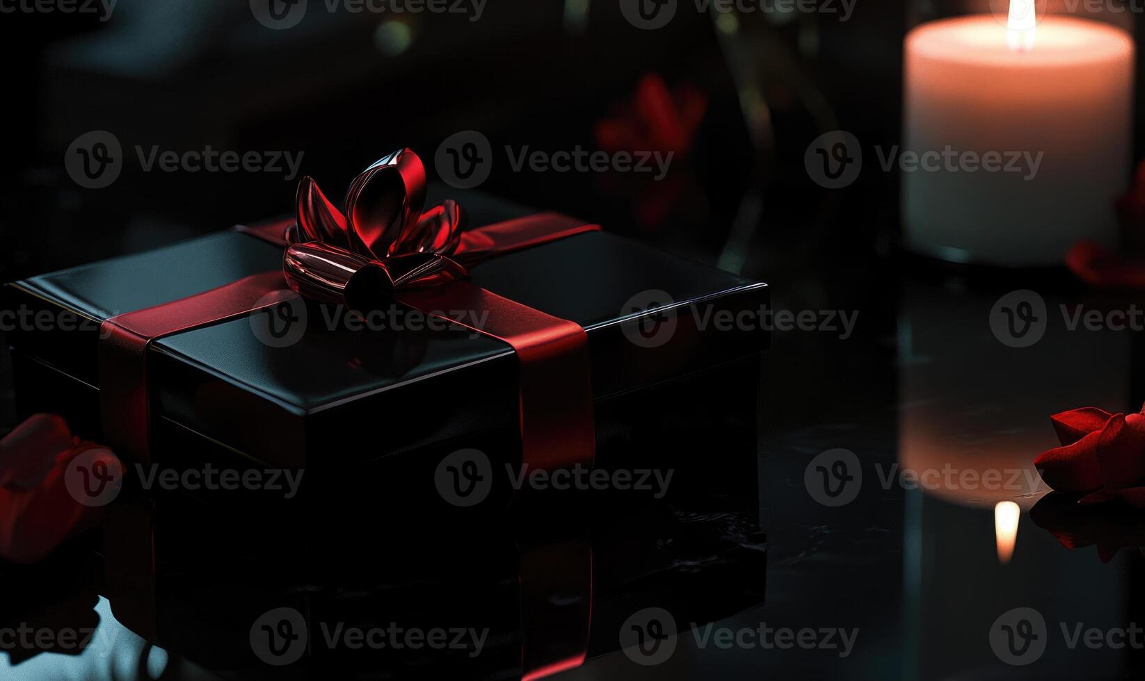 A black box with a red bow on top of it photo