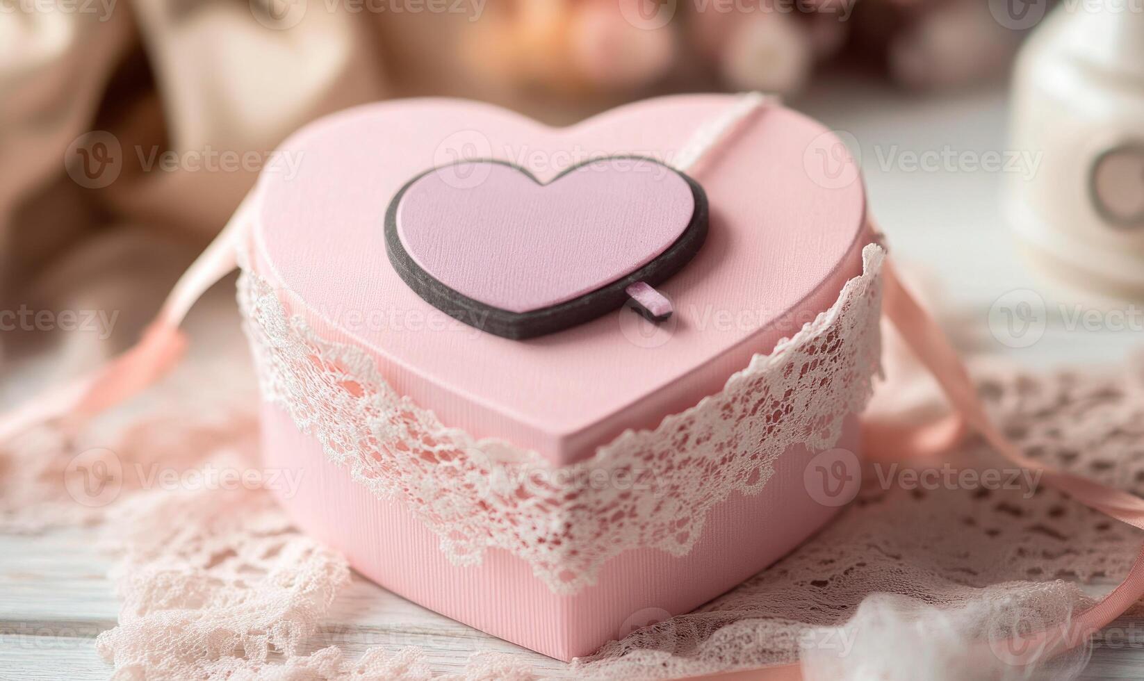 A pink box with lace on it and a heart on it photo