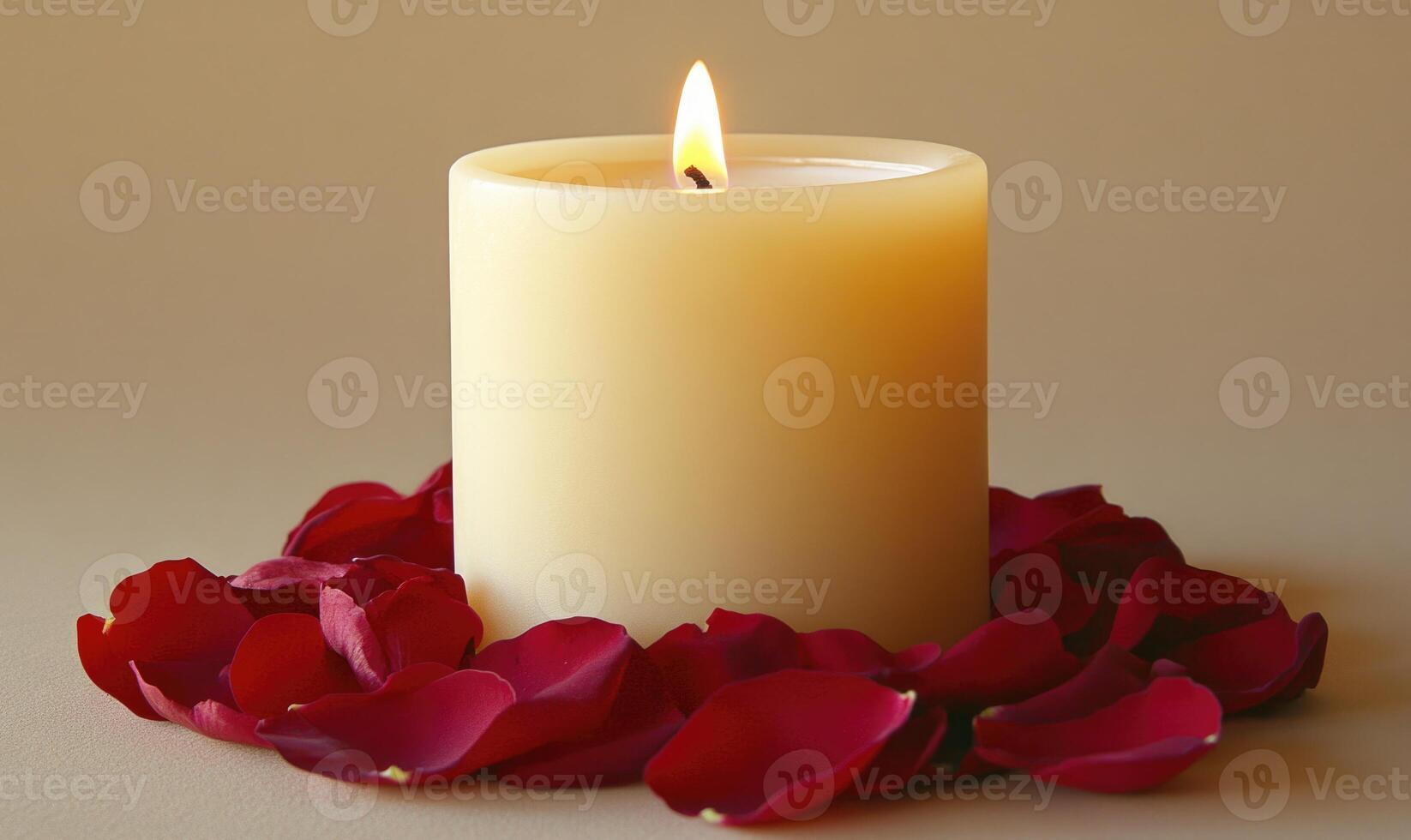 A candle is lit in front of a pile of red rose petals photo